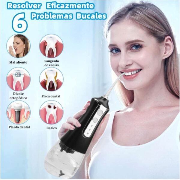 Irrigador Bucal Portatil,Hilo Dental de Agua Recargable,con 5 Puntas y 3 Modos,300ml,Water Flosser Portable Electrico,Limpieza Dental Portatil Oral Inalámbrico,Limpiador de Dientes para Hogar y Viajes