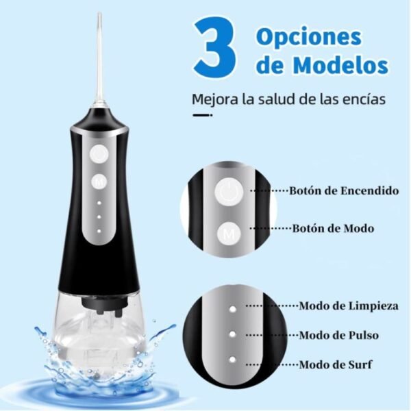 Irrigador Bucal Portatil,Hilo Dental de Agua Recargable,con 5 Puntas y 3 Modos,300ml,Water Flosser Portable Electrico,Limpieza Dental Portatil Oral Inalámbrico,Limpiador de Dientes para Hogar y Viajes