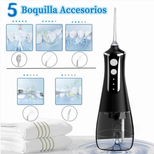 Irrigador Bucal Portatil,Hilo Dental de Agua Recargable,con 5 Puntas y 3 Modos,300ml,Water Flosser Portable Electrico,Limpieza Dental Portatil Oral Inalámbrico,Limpiador de Dientes para Hogar y Viajes