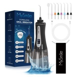 MySmile Flosser de agua inalámbrico para limpiador de dientes, herramienta de eliminación de placa dental 350ml con 5 modos 8 puntas de chorro pantalla OLED, irrigador oral impermeable recargable IPX7