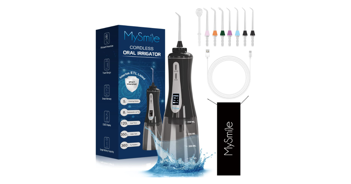 MySmile Flosser de agua inalámbrico para limpiador de dientes, herramienta de eliminación de placa dental 350ml con 5 modos 8 puntas de chorro pantalla OLED, irrigador oral impermeable recargable IPX7