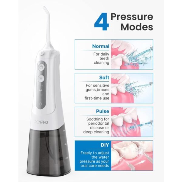 RENPHO Water Flosser, Irrigador oral inalámbrico portátil, 4 modos y 5 puntas de chorro, 300ML USB recargable IPX7 impermeable Irrigador bucal, hilo dental de agua dental para el hogar, viajes