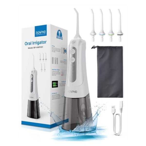 RENPHO Water Flosser, Irrigador oral inalámbrico portátil, 4 modos y 5 puntas de chorro, 300ML USB recargable IPX7 impermeable Irrigador bucal, hilo dental de agua dental para el hogar, viajes