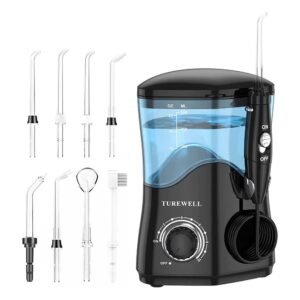 TUREWELL Irrigador dental de agua para dientesaparatos ortopédicos, limpiador de dientes de agua, 8 puntas de chorro y 10 niveles de presión, tanque de agua grande de 600 ml para la familia (negro)